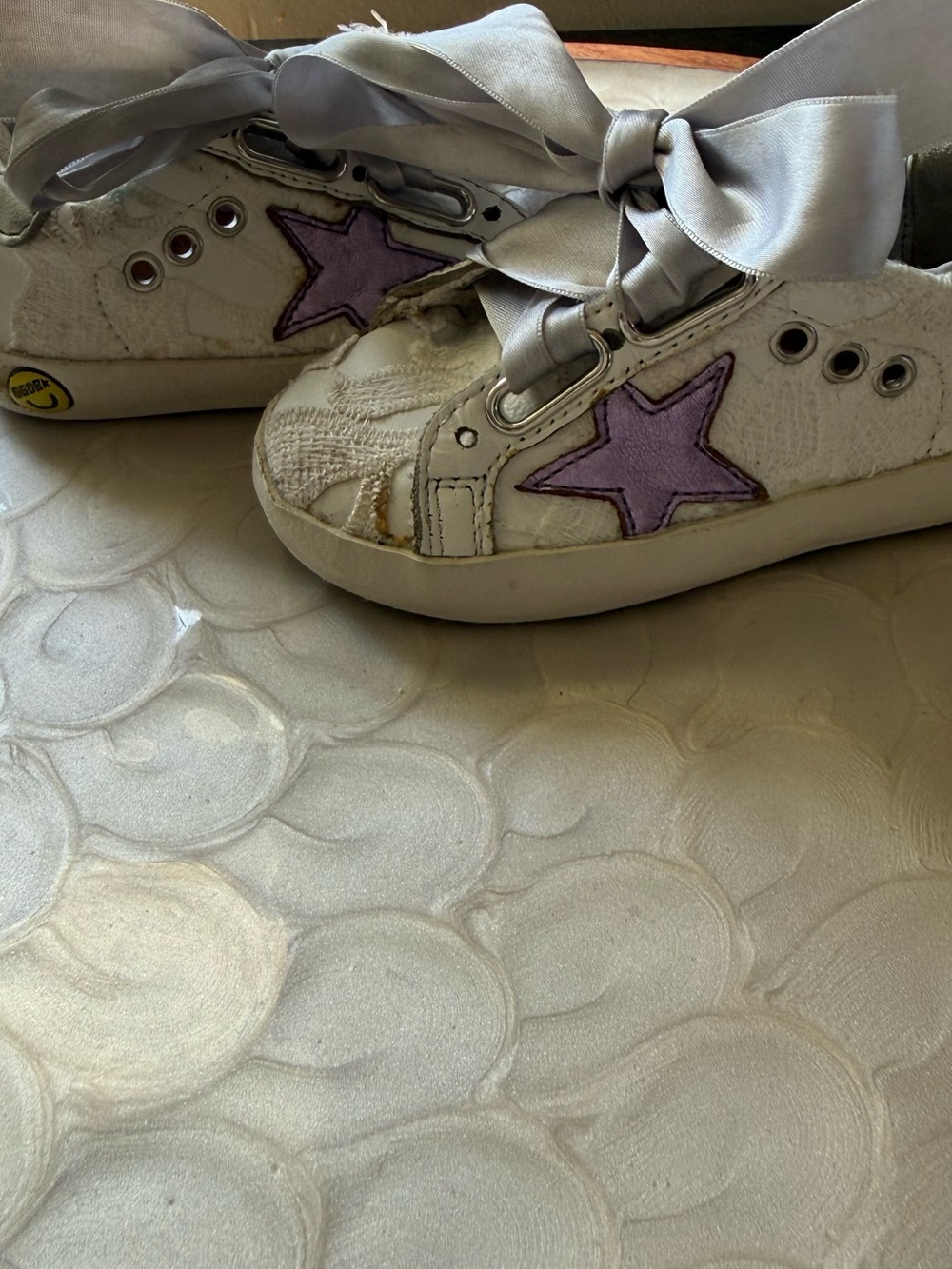 Golden Goose White Sneakers with Lavender Star Accent - Ribbon Laces
